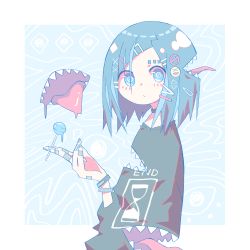 Rule 34 | 1girl, blue eyes, blue hair, candy, disembodied mouth, extra mouth, food, hair ornament, hairclip, highres, lollipop, looking at viewer, matabeku, medium hair, original, surreal, zipper
