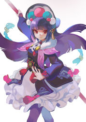Rule 34 | 1girl, blunt bangs, bonnet, breasts, capelet, closed mouth, dress, fur-trimmed capelet, fur trim, genshin impact, gradient background, hat, holding, holding polearm, holding weapon, korean commentary, lolita fashion, long hair, long sleeves, looking at viewer, pagye, pantyhose, pink capelet, polearm, purple hair, qi lolita, red eyes, simple background, small breasts, solo, tassel, very long hair, weapon, yun jin (genshin impact)