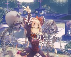 Rule 34 | 1girl, :o, arm up, black dress, blonde hair, bow, brown hair, commentary request, day, dress, grave, graveyard, green eyes, hair between eyes, hair ribbon, highres, juliet sleeves, long hair, long sleeves, looking at viewer, luna (shadowverse), nail polish, outdoors, parted lips, puffy sleeves, red bow, red ribbon, ribbon, saya (sayaya), shadowverse, skeleton, solo, tombstone, twintails, very long hair, white nails