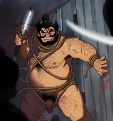 Rule 34 | 1boy, akuemon, arm hair, bara, bdsm, beard, belly, bondage, bound, broken, broken sword, broken weapon, bruise, chest hair, commentary, completely nude, cuts, english commentary, facial hair, fat, fat man, feet out of frame, flaccid, forked eyebrows, gdoubt (picsontop), hairy, hidari taisho, highres, holding, holding sword, holding weapon, injury, large pectorals, leg hair, looking at viewer, male focus, mature male, muscular, muscular male, mustache, mutton chops, navel, navel hair, nipples, nude, one eye closed, pectorals, penis, rope, short hair, silhouette, solo, stomach, sword, thick eyebrows, thick thighs, thighs, uncensored, weapo, weapon