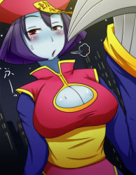 Rule 34 | 1girl, blue hair, blue skin, breasts, capcom, chinese clothes, claws, cleavage, cleavage cutout, clothing cutout, colored skin, frenzy altron, kyouran souryuu, large breasts, lei lei, red eyes, solo, vampire (game)