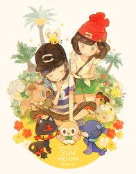 Rule 34 | 1boy, 1girl, :o, backpack, bag, baseball cap, beanie, black eyes, black hair, blue hair, bow, closed eyes, copyright name, creatures (company), cutiefly, elio (pokemon), floral print, flower, game freak, gen 7 pokemon, green shorts, hair bow, hand on another&#039;s shoulder, hand on own chin, hat, hat pin, indian style, kneeling, litten, nintendo, palm tree, pechika, pokemon, pokemon (creature), pokemon sm, red legwear, rockruff, rowlet, selene (pokemon), shirt, shoes, short hair, short sleeves, shorts, shoulder bag, sitting, sneakers, socks, striped clothes, striped shirt, swept bangs, tail, tail bow, tail ornament, tied shirt, togedemaru, tree, twitter username, wristband