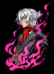 Rule 34 | 1boy, antonio salieri (fate), antonio salieri (second ascension) (fate), black background, black gloves, fate/grand order, fate (series), formal, gloves, half updo, jewelry, looking afar, male focus, medallion, parted lips, pinstripe pattern, pinstripe suit, red eyes, red scarf, scarf, silver hair, solo, striped, suit, take (illustrator), upper body