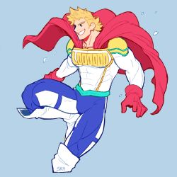 Rule 34 | 1boy, bara, blonde hair, blue eyes, bodysuit, boku no hero academia, bulge, cape, covered abs, cropped legs, feraltintinsimp, gloves, highres, knee up, looking to the side, male focus, muscular, muscular male, pectorals, red cape, red gloves, short hair, smile, solo, spiked hair, thick thighs, thighs, togata mirio, white bodysuit, white footwear
