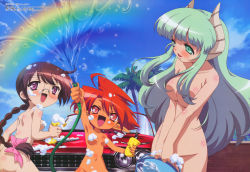 Rule 34 | 00s, 3girls, :d, absurdres, ahoge, arm up, armpits, ass, back, blush, body blush, bow, braid, breasts, breasts squeezed together, brown hair, bubble, bucket, car, car wash, censored, cleavage, cloud, completely nude, convenient censoring, dark-skinned female, dark skin, day, demon girl, falce, glasses, green eyes, green hair, groin, hair between eyes, hair bow, hair censor, hair over breasts, hasegawa suzuho, head tilt, height difference, highres, holding, horns, hose, large breasts, long hair, long pointy ears, looking back, magician&#039;s academy, megami magazine, motor vehicle, multiple girls, navel, non-web source, nude, official art, ookuma takaharu, open mouth, orange hair, out-of-frame censoring, outdoors, palm tree, pointy ears, profile, public indecency, public nudity, purple eyes, rainbow, red eyes, red hair, scan, short hair, sideboob, sidelocks, single braid, sky, smile, soap, spiked hair, sponge, standing, swept bangs, tan, tanarot, tree, v arms, vehicle, very long hair, wash, washing vehicle, water, wide hips