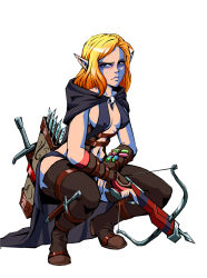 Rule 34 | 1girl, arrow (projectile), blonde hair, blue eyes, boots, bow (weapon), breasts, brown footwear, closed mouth, covered erect nipples, crossbow, dagger, elf, full body, holding, holding crossbow, holding weapon, knife, lewdanon, looking at viewer, medium breasts, medium hair, navel, pointy ears, potion, quiver, sheath, sheathed, simple background, solo, squatting, stomach, thigh boots, trigger discipline, warhammer fantasy, weapon, white background