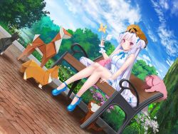 Rule 34 | 1girl, bench, blue sky, blunt bangs, blush, breasts, cloud, day, dress, feet, female focus, flower, from below, full body, grass, hand up, knees together feet apart, legs, light purple hair, long hair, looking at viewer, medium breasts, nanase mai, origami, outdoors, pink eyes, potion (moudamepo), shoes, sitting, sky, solo, taimanin (series), taimanin asagi, taimanin rpgx, thighs, tree, two side up, very long hair, wrist cuffs