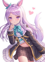 Rule 34 | 1girl, :3, animal ears, black jacket, black skirt, blue bow, blue ribbon, blush, bow, commentary request, ear ribbon, frilled jacket, frilled sleeves, frills, hand up, heart, highres, horse ears, horse girl, horse tail, jacket, long hair, long sleeves, looking at viewer, mejiro mcqueen (umamusume), navel, pleated skirt, purple eyes, purple hair, ribbon, seungju lee, simple background, skirt, solo, swept bangs, tail, tail raised, umamusume, very long hair, white background