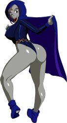 Rule 34 | 1girl, absurdres, anythinggoes, ass, bare legs, belt, black leotard, blue cape, cape, colored skin, curvy, dc comics, eyeshadow, full body, gem, grey skin, half-closed eyes, highleg, highleg leotard, highres, hood, hood down, hooded cape, leotard, lifted by self, lips, looking back, makeup, medium hair, parted lips, purple eyes, purple eyeshadow, purple hair, raven (dc), shiny skin, skindentation, solo, standing, teen titans, thong leotard, white background, wide hips