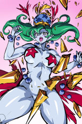 Rule 34 | 1girl, absurdres, ass, bishoujo senshi sailor moon, bishoujo senshi sailor moon s, blue eyes, blue skin, blush, bouncing breasts, bracelet, breasts, bright pupils, colored skin, cowboy shot, curvy, daimon (sailor moon), defeat, demon girl, forced, gradient background, green hair, highres, indoors, jewelry, large breasts, long hair, looking at viewer, mamesi (suhk8583), nude, partially visible vulva, pasties, pink background, pointy ears, red footwear, revealing clothes, ryona, shiny skin, simple background, solo, star-shaped pupils, star (symbol), star pasties, surprised, symbol-shaped pupils, thighs, torn clothes, twintails, uchoten (sailor moon), undressing, wide hips