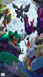 Rule 34 | absurdres, arm up, black eyes, cinderace, closed mouth, commentary request, creatures (company), crossed arms, flying, from below, furry, galarian form, galarian moltres, game freak, gen 2 pokemon, gen 5 pokemon, gen 7 pokemon, gen 8 pokemon, highres, legendary pokemon, looking at viewer, nintendo, open mouth, orange eyes, pokemon, pokemon (creature), quagsire, rei (rei040542644), rillaboom, smile, tapu koko, tongue, zekrom