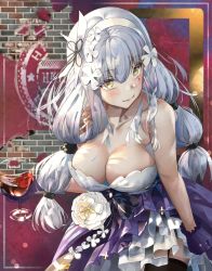 Rule 34 | 1girl, bare shoulders, blush, breasts, cleavage, collarbone, dress, evening gown, girls&#039; frontline, gloves, green eyes, hani haya, highres, hk416 (girls&#039; frontline), hk416 (starry cocoon) (girls&#039; frontline), large breasts, official alternate costume, silver hair, smile, solo, teardrop tattoo
