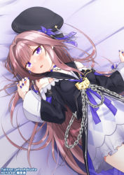 Rule 34 | 1girl, bed, blush, brown hair, doll joints, flower, hair flower, hair ornament, hat, herta (honkai: star rail), honkai: star rail, honkai (series), hoshokusha, joints, long hair, lying, nail polish, on back, on bed, open mouth, purple eyes, purple flower, solo