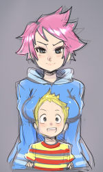 Rule 34 | 1boy, 1girl, blonde hair, blue eyes, blush, breasts, height difference, hood, hoodie, kumatora, large breasts, lucas (mother 3), maniacpaint, mother (game), mother 3, nintendo, pink hair, shirt, short hair, sketch, striped, t-shirt