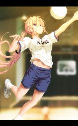 Rule 34 | 10s, 1girl, absurdres, arms up, ball, blonde hair, blue shorts, blurry, blurry background, bouncing breasts, breasts, character name, female focus, foot out of frame, footwear ribbon, gym, gym shirt, gym shorts, gym uniform, hair between eyes, highres, indoors, jumping, junaid, kneehighs, letterboxed, long hair, medium breasts, midriff peek, nakiri erina, name tag, navel, outstretched arm, parted lips, pink eyes, playing sports, ponytail, ribbon, shirt, shoes, shokugeki no souma, short sleeves, shorts, sneakers, socks, solo, stomach, teeth, tsurime, very long hair, volleyball, volleyball (object), white footwear, white ribbon, white shirt, white socks