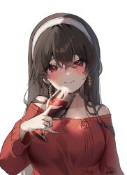 Rule 34 | 1girl, alcohol, bare shoulders, black hair, blush, closed mouth, collarbone, cup, drinking glass, earrings, gold earrings, hair between eyes, hairband, highres, holding, holding cup, jewelry, long hair, looking at viewer, red eyes, red sweater, shiro albino, smile, solo, spy x family, sweater, upper body, white hairband, wine, wine glass, yor briar