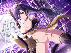 Rule 34 | boots, breasts, chain, cleft of venus, collar, earrings, functionally nude, guitar, halo, high heel boots, high heels, highres, instrument, jewelry, kneeling, legband, nipples, no bra, no panties, nude filter, open-toed boots, ponytail, pussy, ryouki (senran kagura), senran kagura, spread legs, stage, stage lights, thigh boots, thighhighs, third-party edit, waistband