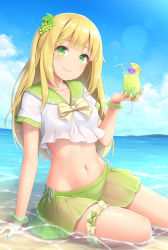 Rule 34 | 1girl, arm support, bikini, bikini under clothes, blonde hair, blue sky, bow, bowtie, bracelet, breasts, bridal garter, caustics, closed mouth, cloud, collarbone, commentary request, crop top, crop top overhang, cup, day, drinking glass, drinking straw, flower, green eyes, green sailor collar, green skirt, hair ornament, highres, holding, holding cup, hurricane glass, jewelry, lens flare, long hair, looking at viewer, medium breasts, midriff, miniskirt, nail polish, navel, ocean, original, outdoors, pleated skirt, purple flower, sailor collar, sasaame, school uniform, see-through, serafuku, shirt, short sleeves, side-tie bikini bottom, sitting, skirt, sky, smile, solo, stomach, swimsuit, thighs, tropical drink, water, wet, white shirt