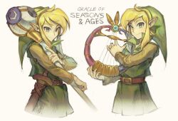 Rule 34 | 2boys, 9twoeight, belt, blonde hair, blue eyes, closed mouth, copyright name, highres, holding, holding staff, link, looking at viewer, multiple boys, nintendo, pointy ears, sheath, sheathed, short hair, smile, staff, sword, the legend of zelda, the legend of zelda: oracle of ages, the legend of zelda: oracle of seasons, weapon