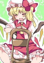 Rule 34 | 1girl, ^ ^, blonde hair, bloomers, chair, commentary request, closed eyes, flandre scarlet, frills, green background, hair ribbon, hammer (sunset beach), hat, musical note, open mouth, quaver, ribbon, sideways glance, sitting, sitting backwards, sketch, skirt, solo, speech bubble, spoken musical note, touhou, underwear, wings