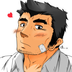 Rule 34 | 1boy, ace attorney, adam&#039;s apple, bandage on face, bandages, bara, black eyes, black hair, blush, closed mouth, collared shirt, dick gumshoe, facial hair, goatee stubble, heart, lowres, male focus, mature male, portrait, shirt, short hair, sideburns stubble, signature, solo, stubble, thick eyebrows, tubatanienn, white shirt