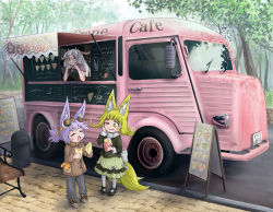 Rule 34 | 3girls, absurdres, animal ears, blonde hair, blue pants, child, closed eyes, collar, cow ears, cow girl, crepe, dog ears, doitsuken, dress, eating, fang, food, food truck, fox ears, fox tail, hand on own cheek, hand on own face, headphones, highres, horns, multiple girls, multiple tails, one eye closed, original, pants, pantyhose, purple hair, ribbon, road, smile, spiked collar, spikes, tail, two tails, white hair, white ribbon