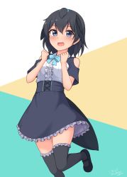 Rule 34 | 1girl, absurdres, artist name, bird tail, black dress, black footwear, black hair, blue bow, blue bowtie, blue eyes, blush, bow, bowtie, center frills, clenched hands, clothing cutout, collared dress, commentary, dress, frilled dress, frilled thighhighs, frills, head wings, highres, kemono friends, leg up, looking at viewer, mary janes, open mouth, shiraha maru, shoes, short dress, short hair, short sleeves, shoulder cutout, signature, smile, solo, standing, standing on one leg, superb bird-of-paradise (kemono friends), tail, thighhighs, twitter username, wings