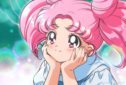 Rule 34 | 1girl, artist name, bishoujo senshi sailor moon, blush, chibi usa, closed mouth, commentary, cone hair bun, derivative work, double bun, english commentary, hair bun, hands on own cheeks, hands on own face, head rest, kaze-hime, lens flare, pink hair, portrait, red eyes, screenshot redraw, smile, solo, twintails