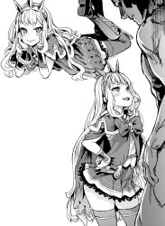 Rule 34 | 10s, 1boy, 1girl, :d, asanagi, blush, cagliostro (granblue fantasy), commentary request, crown, dress, granblue fantasy, greyscale, hands on own hips, height difference, long hair, looking at viewer, lying, monochrome, on back, open mouth, simple background, size difference, smile, tall, thighhighs, white background