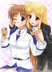 Rule 34 | 2girls, bardiche (nanoha), bardiche (standby form) (nanoha), black jacket, blonde hair, blush, brown hair, collared shirt, couple, fate testarossa, hand on another&#039;s cheek, hand on another&#039;s face, happy, highres, holding hands, jacket, long hair, looking at another, lyrical nanoha, mahou shoujo lyrical nanoha, mahou shoujo lyrical nanoha strikers, military, military uniform, multiple girls, neck ribbon, pantyhose, purple eyes, raising heart, raising heart (standby mode), red eyes, red ribbon, ribbon, shinozuki takumi, shirt, side ponytail, skirt, smile, takamachi nanoha, thighhighs, thighs, uniform, very long hair, white jacket, yuri