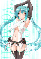 Rule 34 | 1girl, absurdres, aqua hair, armpits, arms up, belt, blush, breasts, detached sleeves, covered erect nipples, hatsune miku, hatsune miku (append), highres, kokorono arika, long hair, lowleg, lowleg panties, navel, necktie, panties, red eyes, solo, thighhighs, twintails, underwear, very long hair, vocaloid, vocaloid append