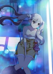 Rule 34 | 10s, 1girl, areola slip, bare shoulders, between legs, breasts, brown eyes, chair, clothes pull, downblouse, from above, long hair, looking to the side, monogatari (series), no bra, off shoulder, oikura sodachi, owarimonogatari, pleated skirt, silver hair, skirt, skirt pull, sleepwear, small breasts, solo, strap slip, twintails, yuzuki yuno