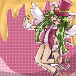 Rule 34 | 1girl, animal ears, blush stickers, breasts, green hair, hat, leotard, mad rat dead, mouse (animal), mouse ears, mouse girl, mouse tail, nippon ichi, rat god, red eyes, tail, tie clip, top hat, wings, wrist cuffs