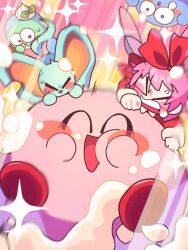 Rule 34 | &gt; &lt;, 0tamt0, 1girl, animal ears, blush stickers, closed eyes, commentary request, elfilin, fairy, fairy wings, food, food on face, highres, kirby, kirby&#039;s dream buffet, kirby (series), mouse ears, nintendo, notched ear, open mouth, pink hair, red ribbon, ribbon, ribbon (kirby), smile, sparkle, sweat, whipped cream, wings