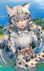 Rule 34 | 1girl, :d, absurdres, animal ear fluff, animal ears, blue sky, bow, bowtie, cat ears, cat girl, cat tail, commentary, cowboy shot, day, fang, geoffroy&#039;s cat (kemono friends), green eyes, grey hair, hair between eyes, hair bow, highres, kemono friends, long hair, long sleeves, looking at viewer, low twintails, multicolored hair, nature, open mouth, outdoors, print bow, print bowtie, print neckwear, print skirt, print sleeves, shirt, signature, skirt, sky, sleeves past wrists, slit pupils, smile, solo, striped tail, suspender skirt, suspenders, tail, thigh gap, twintails, very long hair, welt (kinsei koutenkyoku), white shirt