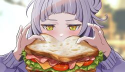 Rule 34 | 1girl, arched bangs, blurry, blurry background, blush, cheese, commentary request, eating, food, grey hair, hair bun, ham, highres, holding, holding food, hololive, lettuce, long sleeves, murasaki shion, portrait, purple sweater, sandwich, short eyebrows, sidelocks, single side bun, solo, suzuushi, sweater, tomato, tomato slice, virtual youtuber, yellow eyes