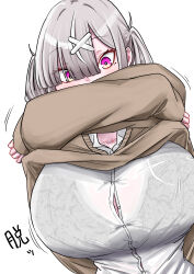 Rule 34 | 1girl, absurdres, ahoge, black hair, blush, bra, breasts, cleavage, clothes lift, clothes pull, eyes visible through hair, frim 02, grey hair, hair ornament, hair over one eye, highres, huge breasts, lingerie, long hair, mole, mole under eye, nijisanji, pink eyes, pulling own clothes, see-through, simple background, solo, sukoya kana, underwear, undressing, virtual youtuber, white background, x, x hair ornament