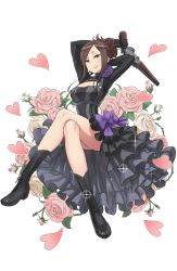 Rule 34 | 1girl, arm up, arms behind head, black dress, black footwear, boots, breasts, brown hair, cleavage cutout, clothing cutout, crossed legs, dorothy (princess principal), dress, flower, full body, gun, hair up, heart, highres, holding, holding gun, holding weapon, large breasts, long hair, looking at viewer, official art, princess principal, princess principal game of mission, purple eyes, rose, sitting, smile, sparkle, transparent background, weapon