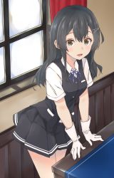 Rule 34 | 1girl, black hair, black skirt, black vest, blue ribbon, commentary request, cowboy shot, curtains, gloves, grey eyes, hair ornament, hairclip, highres, kantai collection, leaning forward, looking at viewer, neck ribbon, oyashio (kancolle), pleated skirt, ribbon, shirt, short sleeves, skirt, solo, standing, table, vest, wasumi kei, white gloves, white shirt, window