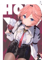 Rule 34 | 1girl, absurdres, alcohol, black choker, black gloves, black shorts, blush, breasts, choker, collared shirt, cup, drinking glass, gloves, grin, hair between eyes, head wings, high-waist shorts, highres, holding, holding cup, hololive, long sleeves, looking at viewer, mishima kurone, necktie, pantyhose, pantyhose under shorts, partially fingerless gloves, pink hair, red necktie, scan, shirt, short hair, shorts, sitting, smile, solo, takane lui, takane lui (1st costume), virtual youtuber, white shirt, wine, wings