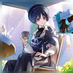 Rule 34 | 2boys, aether (genshin impact), apollo hotori, beret, birthday, box, chair, cup, dated, day, eyeliner, genshin impact, gift, gift box, hand on own thigh, hat, holding, holding cup, looking at object, makeup, male focus, multiple boys, red eyeliner, scaramouche (genshin impact), short hair, signature, sitting, solo focus, table, wanderer (genshin impact), white sleeves