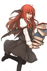Rule 34 | 1girl, ahoge, arm belt, bat wings, bespectacled, black pantyhose, blush, book, book stack, demon wings, dress shirt, fang, female focus, glasses, head wings, highres, holding, holding book, koakuma, long hair, long sleeves, mary janes, multiple wings, necktie, open mouth, pantyhose, red eyes, red hair, shirt, shoes, simple background, solo, touhou, tripping, vest, white background, wings, xiao qiang (overseas)