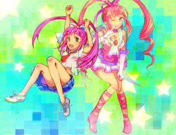 Rule 34 | 2girls, alternate costume, blue eyes, breasts, capelet, checkered background, chelsea torn, choker, dual persona, full body, gloves, green eyes, long hair, magical girl, medium breasts, multiple girls, necktie, one eye closed, pink hair, pleated skirt, school uniform, shoes, skirt, small breasts, tales of (series), tales of destiny, twintails, white gloves, wink, yabuki haru