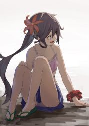 Rule 34 | 10s, 1girl, adapted costume, akebono (kancolle), bare arms, bare shoulders, bell, commentary request, fami (yellow skies), flower, hair bell, hair flower, hair ornament, highres, kantai collection, long hair, looking to the side, nail polish, open mouth, purple hair, sandals, scrunchie, side ponytail, sitting, solo, swimsuit, wrist scrunchie