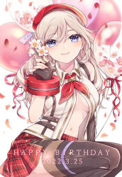 Rule 34 | 1girl, alisa ilinichina amiella, balloon, bare shoulders, black thighhighs, blue eyes, boots, bracer, breasts, cleavage, closed mouth, collared shirt, commentary, cowboy shot, dated, elbow gloves, fingerless gloves, flower, gloves, god eater, god eater 2: rage burst, hair between eyes, hand up, happy birthday, hat, highres, holding, holding flower, io (1033k), large breasts, long hair, looking at viewer, navel, neckerchief, partially unbuttoned, plaid, plaid skirt, red neckerchief, red skirt, shirt, sidelocks, silver hair, simple background, skirt, sleeveless, sleeveless shirt, smile, solo, squatting, stomach, thigh boots, thighhighs, white background, white shirt, zettai ryouiki