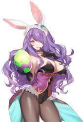 Rule 34 | 1girl, animal ears, bare shoulders, breasts, camilla (fire emblem), camilla (spring) (fire emblem), cleavage, detached collar, egg, fake animal ears, fire emblem, fire emblem fates, fire emblem heroes, fishnet pantyhose, fishnets, gloves, hair over one eye, large breasts, leotard, lips, long hair, looking at viewer, nintendo, pantyhose, playboy bunny, purple eyes, purple hair, rabbit ears, solo, tiara, very long hair, wavy hair, wrist cuffs, zuizi