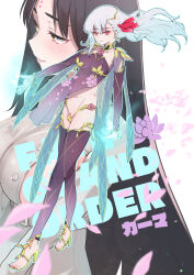 Rule 34 | 2girls, absurdres, anklet, armlet, armor, bare shoulders, bikini armor, black hair, bracelet, breasts, circlet, collar, copyright name, detached sleeves, dress, earrings, facial mark, fate/grand order, fate (series), floral print, forehead mark, full body, hair ribbon, high heels, highres, jewelry, kama (fate), kama (second ascension) (fate), kojima takeshi, large breasts, long hair, long sleeves, looking at viewer, looking to the side, metal collar, multiple girls, parted bangs, pelvic curtain, petals, purple dress, purple sleeves, purple thighhighs, red eyes, ribbon, ring, sessyoin kiara, sideboob, smile, thighhighs, thighlet, white dress, white hair, yellow eyes