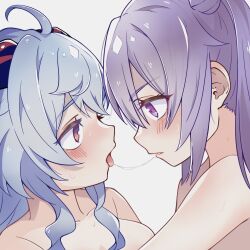 Rule 34 | 2girls, after kiss, ahoge, blue hair, blush, commentary request, eye contact, ganyu (genshin impact), genshin impact, grey background, highres, horns, keqing (genshin impact), looking at another, multiple girls, nude, open mouth, purple eyes, purple hair, red eyes, saliva, saliva trail, simple background, sweat, tongue, tongue out, twintails, upper body, wu qin (gyxx 04), yuri