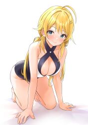 Rule 34 | 1girl, absurdres, ahoge, b1ack illust, bare legs, bare shoulders, barefoot, bikini, black one-piece swimsuit, blonde hair, blue eyes, blush, breasts, cleavage, closed mouth, collarbone, hachimiya meguru, hair ornament, hairclip, highres, idolmaster, idolmaster shiny colors, large breasts, long hair, looking at viewer, low twintails, multicolored clothes, multicolored swimsuit, one-piece swimsuit, simple background, smile, solo, swimsuit, twintails, two-tone swimsuit, white background, white one-piece swimsuit