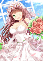 Rule 34 | 1girl, ;d, bare shoulders, blue sky, blush, bouquet, breasts, brown hair, cleavage, cloud, commentary request, covered navel, day, dress, dutch angle, elbow gloves, flower, gloves, gochuumon wa usagi desu ka?, green eyes, hair flower, hair ornament, highres, large breasts, long hair, one eye closed, open mouth, red flower, red rose, rose, see-through, sky, smile, solo, strapless, strapless dress, ujimatsu chiya, veil, very long hair, wedding dress, white dress, white flower, white gloves, xenon (for achieve)